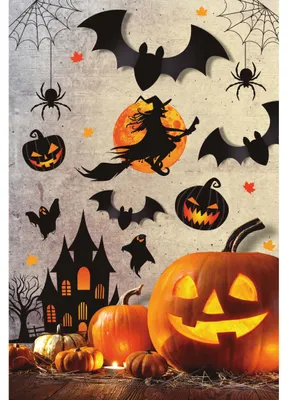 Immagine prodotto di Halloween strega ragno zucca decorazione murale adesivo spaventoso casa pipistrello spettrale fantasmi morbido notte festa decorazione autunnale sagome adesivi decorazione, colore: multicolore