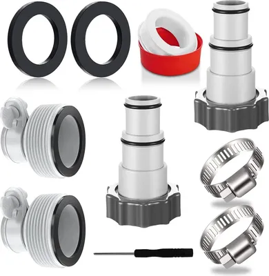 A collection of pool hose adapters and accessories arranged on a white background.