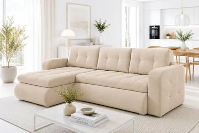 Produktbild von Ecksofa VEGAS L-Form, Universal, Modernes Bettsofa mit Schlaffunktion und Bettkasten, Schlafsofa, Couch beidseitig montierbar, BEIGE - MONOLITH 04, KI-generiertes Bild