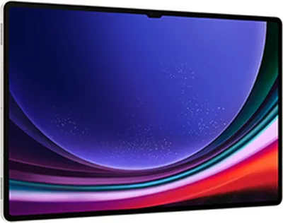 A tablet is shown from a side angle with a colorful wallpaper on its screen.