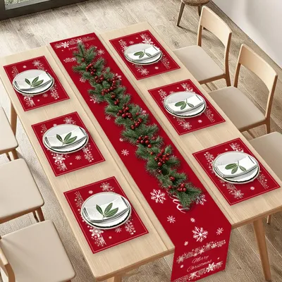 Tischläufer Weihnachten Rot 38x180 cm + 6 Platzsets 35x45 cm