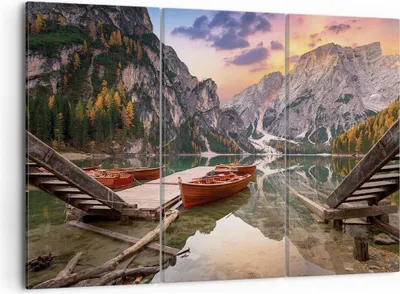 Produktbild von Bild auf Leinwand - Leinwandbild - 3 Teile - Boote Berge See - 105x70cm - Wand Bild - Wanddeko - Wandbilder - Leinwanddruck - Bilder - Wanddekoration - Leinwand bilder - Wandbild - CE105x70-4638