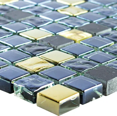 Produktbild von Glas Naturstein Mosaikfliese Cooktown Schwarz Gold