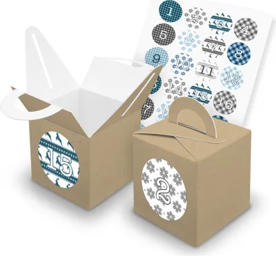 Produktbild von itenga SET V43 Adventskalender Würfelbox mit Griff Braun + Zahlensticker Z05