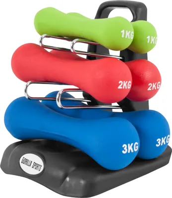 Produktbild von GORILLA SPORTS® Kurzhanteln Set - 12kg Hantelset, 2 x 1kg, 2 x 2kg, 2 x 3kg Gewichte, mit Hantelständer, Neopren Beschichtung, Gusseisenkern, Rutschfest - Hantelgewichte, Gymnastik Aerobic Hantelset