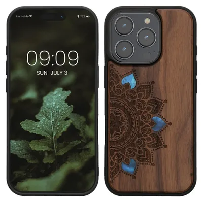 Produktbild von kwmobile Handyhülle für Apple iPhone 16 Pro Hülle Holz - Case mit TPU Bumper - Stoßfestes Hardcase - Schutzhülle Cover in Dunkelbraun