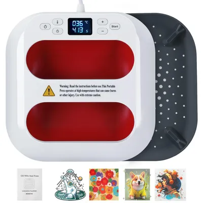 Immagine prodotto di Vigevee - Pressa termica portatile da 1000 W, 22,5 x 22,5 cm, mini pressa per magliette, tessuti, borse e fai da te - Rosso-bianco