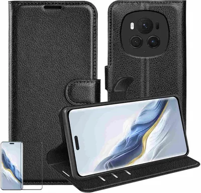 Obrázek produktu pro Pouzdro na mobil Honor Magic 6 Pro – černé pouzdro z umělé kůže + 4D zakřivené tvrzené sklo H9
