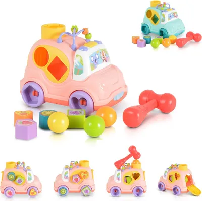 Produktbild von Moni Sortierspiel Auto, Musik Licht, 4 Formen, Hammer, Motorikschleife, 3 Bälle rosa