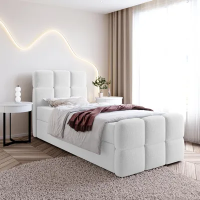 Produktbild von Einzelbett SALA MINI mit Bettkasten, Boxspringbett mit Bonellfederkern-Matratze und Bouclé-Stoff (90x200, Weiß - Fredo 25, ohne topper)