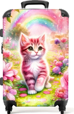 Obrázok produktu pre NoBoringSuitcases.com Detský kufor Medium 67x43x25 cm, 72L, Roztomilé potlače pre dievčatá: Ružový - mačka s dúhou, cestovný kufor so 4 kolieskami