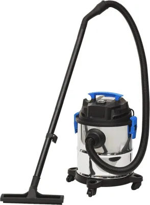 A wet and dry vacuum cleaner with its hose and extension wand is shown against a white background.