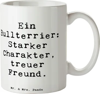 Produktbild von Mr. & Mrs. Panda Kaffeetasse Spruch Bullterrier Freund - Weiß - Geschenk, besonderer Begleiter, Henkelpott, Hunderasse, keramik, verspielte Hunde, Bedruckte Tasse, loyale