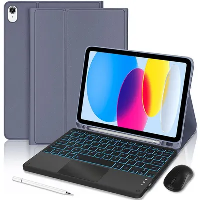 Image de Coque Clavier pour iPad A16 (11") / iPad 10 (10,9") CuirPolyuréthaneViolet avec Clavier Rétroéclairé + Souris + Stylet