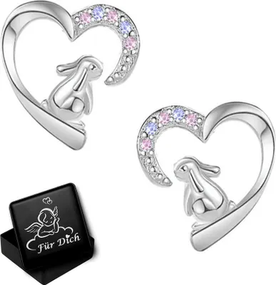Produktbild von Ohrstecker für Damen Mädchen Kinder echt Silber 925 Hase rosa lila Herz-Ohrringe Kinderohrringe