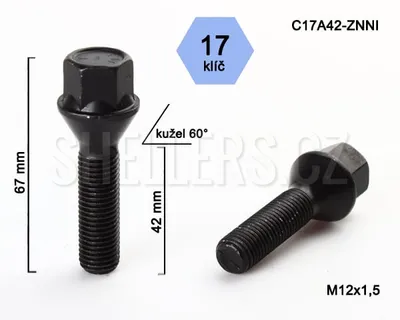 Obrázok produktu pre Skrutka kolesa M12x1,5x42, kužeľ, kľúč 17, C17A42-BLACK čierna, výška 67