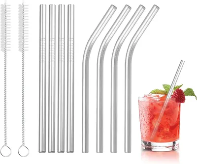 Image de Pailles en acier inoxydable - Lot de 20 - Pailles avec 2 brosses de nettoyage - Pailles réutilisables - Idéales pour le café, les cocktails et les jus