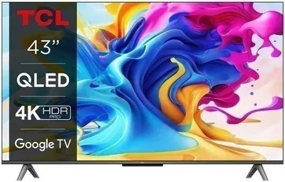 A TCL 43-inch QLED 4K HDR Google TV with a colorful abstract image displayed on the screen.