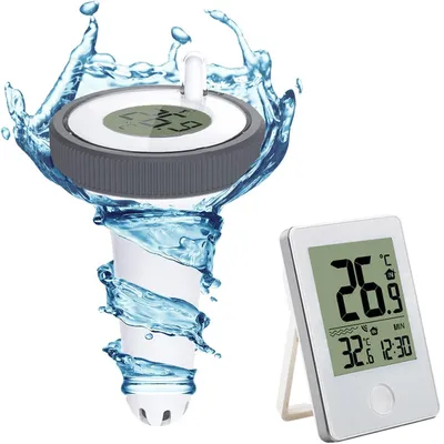 Produktbild von Kabelloses Pool-Wasserthermometer mit Innen- & Au?ensensor, Temperatur- & Feuchtigkeitsanzeige, 60 m Reichweite, Schwimmbad & Aquarium