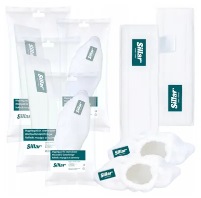 A collection of white microfiber mopping pads and covers, some in packaging, with the brand name 'Sillar' visible.
