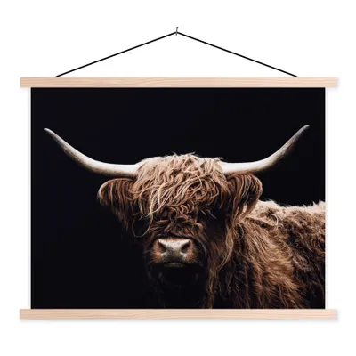 Produktbild von MuchoWow® Textilposter Schottischer Highlander - Schwarz - Horn 40x30 cm mit holzfarbenen Rahmen - Bilder