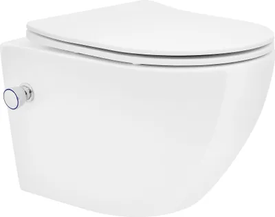 Produktbild von LuxeBath závesné WC bez ráfika krátke 49 cm, biele, z keramiky s funkciou bidetu, WC s mäkkým zatváraním Soft-Close odnímateľné WC sedátko Duroplast