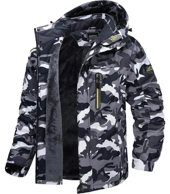 Produktbild von Herren Winter Fleecejacke warm gefüttert winddicht wasserdicht abnehmbare Kapuze Schwarz-Camo M