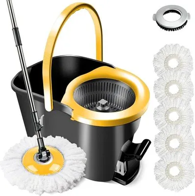 Produktbild von Famanu Wischmopp-Set mit Eimer und Teleskopstiel - Schwarz + Gelb