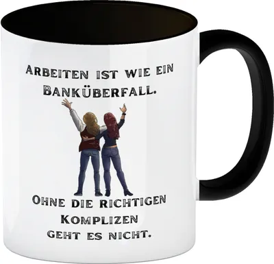 Produktbild von Kollegen und Komplizen Kaffeebecher in schwarz mit Spruch Arbeit ist wie ein