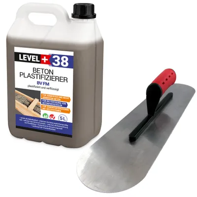 Produktbild von Set Beton-Zusatzmittel 5L Profi BODENLEGERKELLE ZWEISEITIG HALBRUND SET350