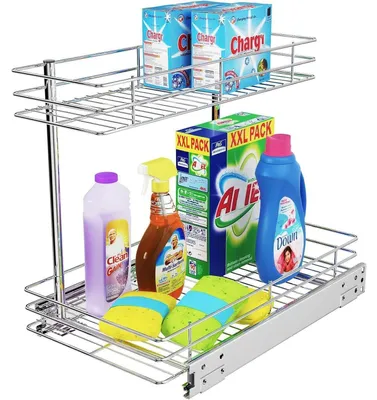 Image de Étagère métallique à deux niveaux, à placer sous l'évier, chromée. Idéale pour les placards de cuisine ou de salle de bain, pour le rangement