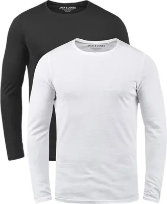 Produktbild von Jack & Jones 2er-Pack Langarmshirts Herren Basic Shirts Unifarben Stretch Rundhals, 2er Pack LS Black/White-L