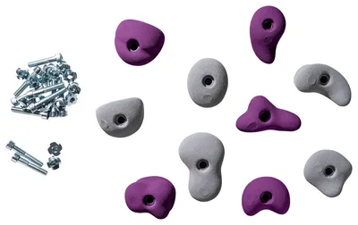 Klettergriffe Komplettset für Kinder mit verschiedenen Formen in lila und grau; inklusive Schrauben und Zubehör.