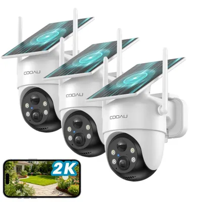 Image de Caméra de surveillance d'extérieur COOAU 2K à batterie, rotation à 360°, Wi-Fi, vision nocturne couleur, alimentation solaire, détecteur de mouvement PIR, stockage sur le cloud/carte TF, 3 pièces
