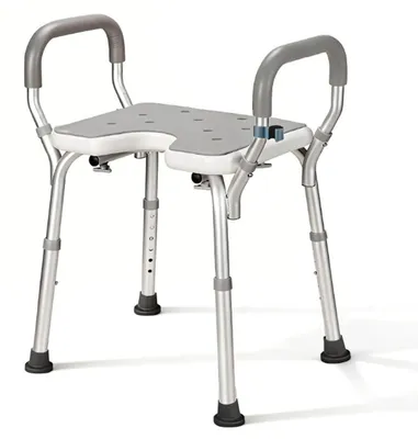 Immagine prodotto di Sedia da doccia per anziani con braccioli e seduta a forma di U, regolabile in altezza da 38 a 67 cm, portata massima 150 kg