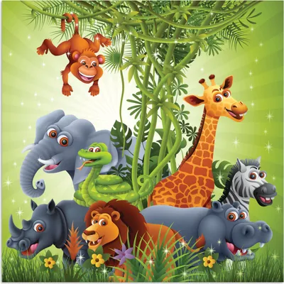 Produktbild von MuchoWow® Poster Dschungeltiere - Pflanzen - Kinder - Elefant - Giraffe - Löwe 75x75 cm - Wand Dekoration