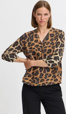 Produktbild von b.young BYHinva Damen Bluse Blusenshirt Shirt mit 3/4-Arm V-Ausschnitt Leopard-Muster Regular fit