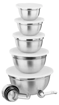 Produktbild von Relaxdays Küchen Set 18-tlg., 5 x Rührschüssel mit Deckel, Messlöffel & Measuring Cups, Küchenzubehör Set, silber/weiß