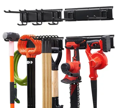 Produktbild von SucceBuy Gerätehalter Wandhalterung Werkzeughalter 838,2 mm, Tragkraft 181 kg, Wandmontage, Kohlenstoffstahl, 2 Schienen & 5 Haken, inkl. Schrauben & Dübel, Werkzeugorganizer für Garage, Keller und Garten