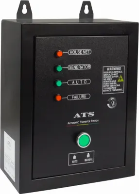 A black automatic transfer switch with indicator lights and a green button.