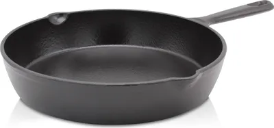 A black cast iron frying pan with a handle and pouring spouts is shown against a white background.