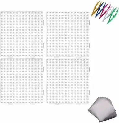 Produktbild von Zbssny 4 Stück Bügelperlen Platten Groß, 14.7x14.7cm Transparent Quadratische Steckplatten Set mit 5 Bügelperlen Pinzette 10 Bügelpapier Ideal