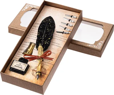 Produktbild von Federkiel- und Tintenset, Retro-Feder-Tintenstift-Set, Vintage-Kalligraphie, Schreiben von Unterschriften, mit 5 Ersatzfedern, Stifthalter in Geschenkbox fuer Handschrift, Studenten, Freunde
