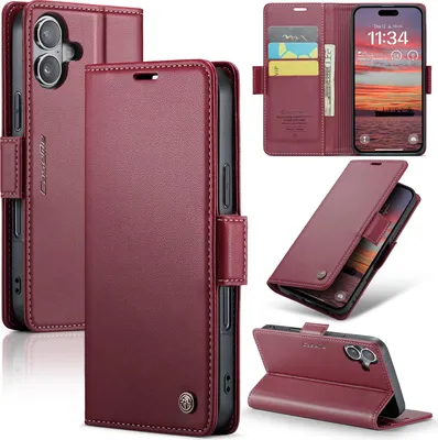 Produktbild von Lederhülle für iPhone 17 Brieftasche Kartenfach Schutzhülle mit Standfunktion Rot