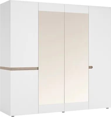 Produktbild von Kleiderschrank 4-türig in weiß Hochglanz mit Trüffel Eiche Nb. LEGNICA-129, B/H/T ca. 218,5/209,5/59 cm