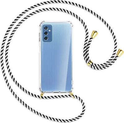 Produktbild von Handykette Backcover-Schutzhülle mit Band (Metall goldfarben) für Samsung Galaxy M52 5G (M526) - schwarz/weiß gestreift