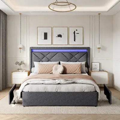 Obrázek produktu pro Čalouněná postel Fortuna Lai 160x200 cm, úložné lůžko s LED, 4 zásuvky, USB a nastavitelné čelo, šedá barva