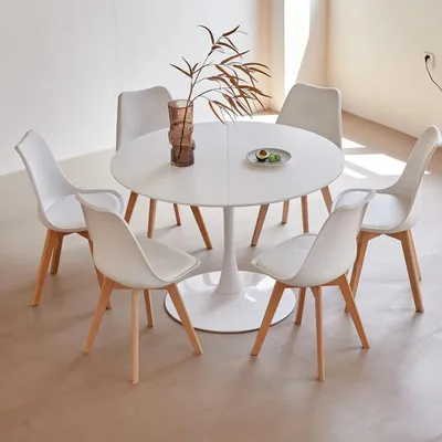 Produktbild von Essgruppe - Runder Esstisch 110 cm + 6 Stühle - Holz - Modern minimalistisch - Für Küche & Esszimmer - Selbstmontage - Weiß