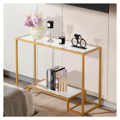 Produktbild von 2-stufiger Konsolentisch moderner rechteckiger Flurtisch (107 x 35,4 x 75,5 cm) mit gehärteter Glasplatte, Sofa-Beistelltisch mit Kippschutz für Wohnzimmer, Flur und Eingangsbereich