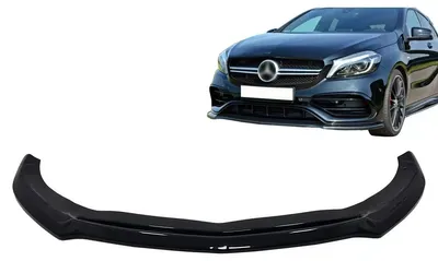 Productafbeelding van Voorbumperverlenging voor Mercedes A W176 AMG, modeljaar 2015-2018, in glanzend zwart.